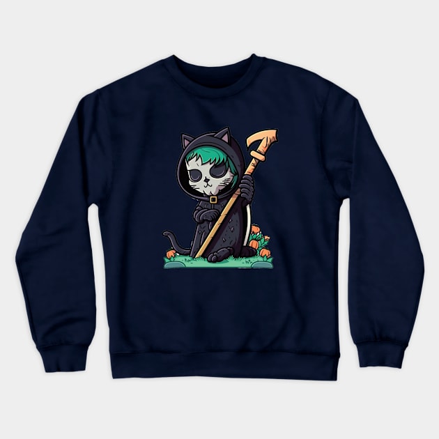 The Whiskered Reaper: A Feline of Death Crewneck Sweatshirt by Cute Pets Stickers